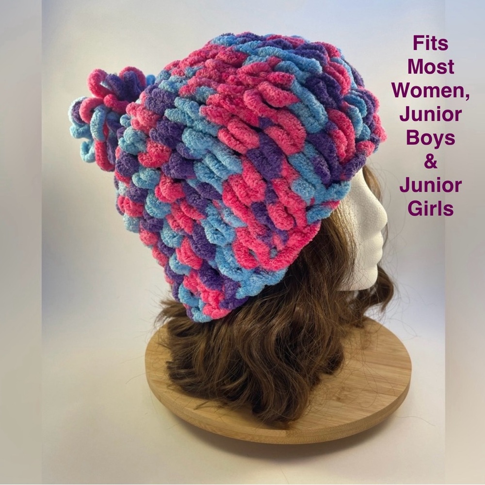 Handmade Women’s/Junior’s Winter Hat With Loopy Pom-Pom - Pink, Purple & Blue